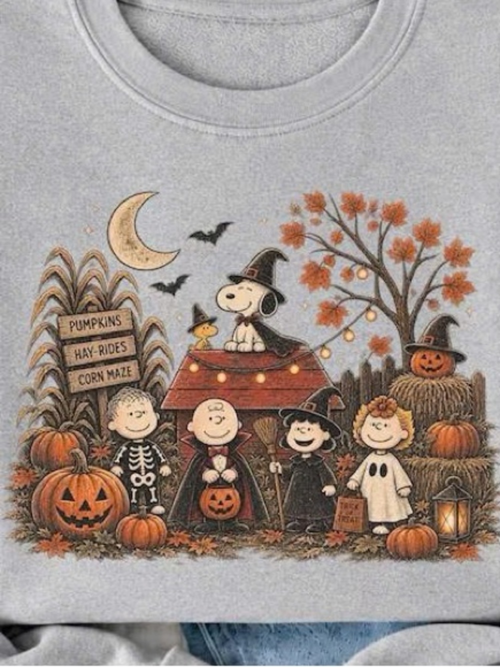 Women's Gray Peanuts Halloween Graphic Crewneck Sweatshirt - Picture 2 of 3